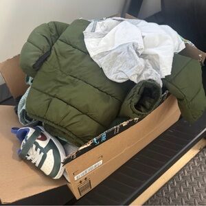 Nike Kids Olive Green Puffer Jacket with Green & White Accent Sneakers